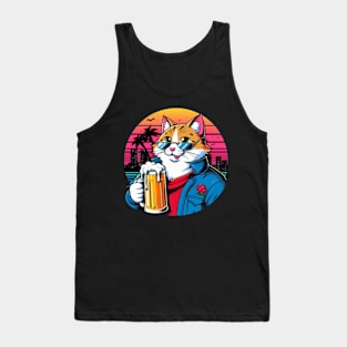 Vintage Retro Anime Cat Drinking Beer Tank Top